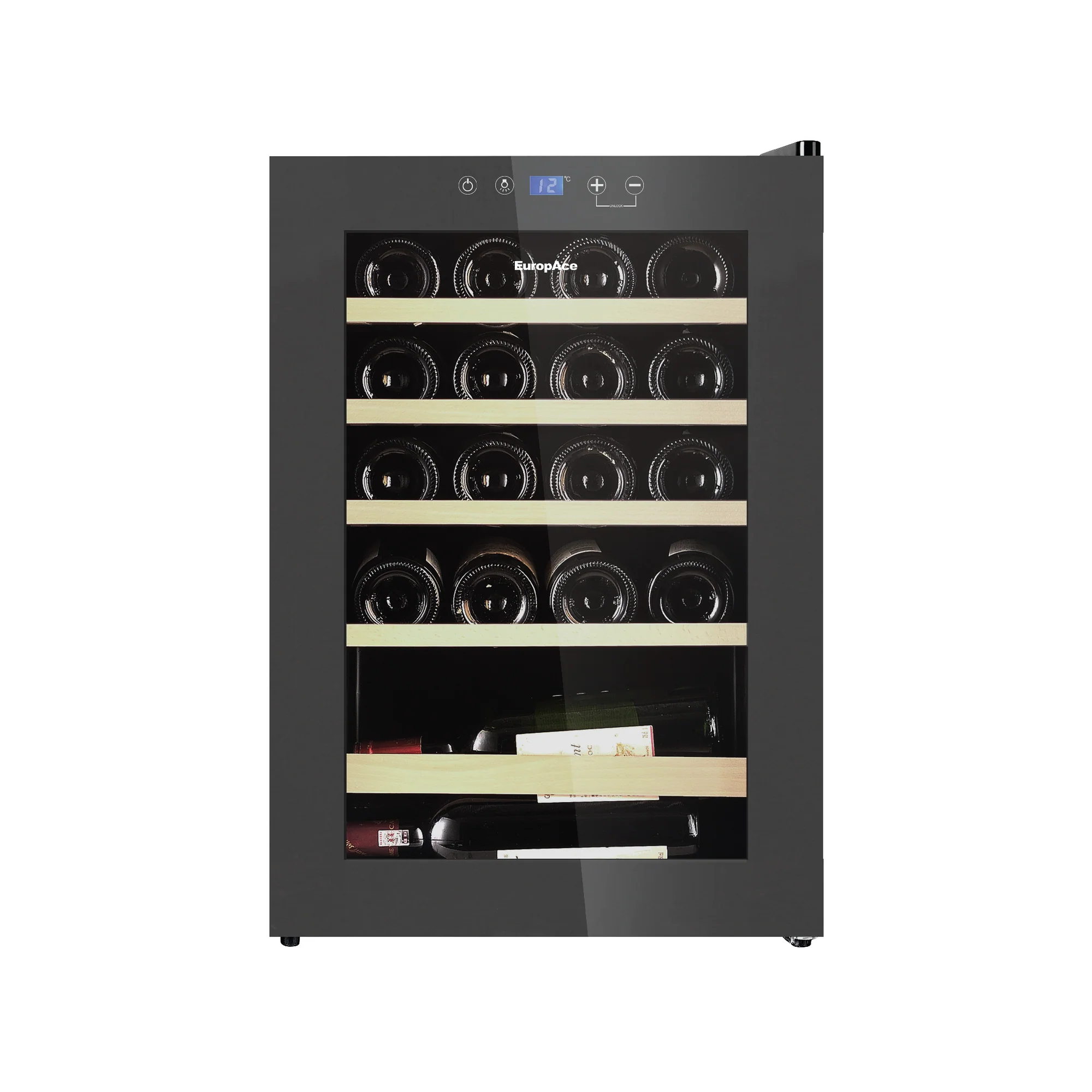 EuropAce EWC3203DGY [20 Bottles] Wine Chiller | 3 Layered Anti-UV Glass, Beechwood Shelves