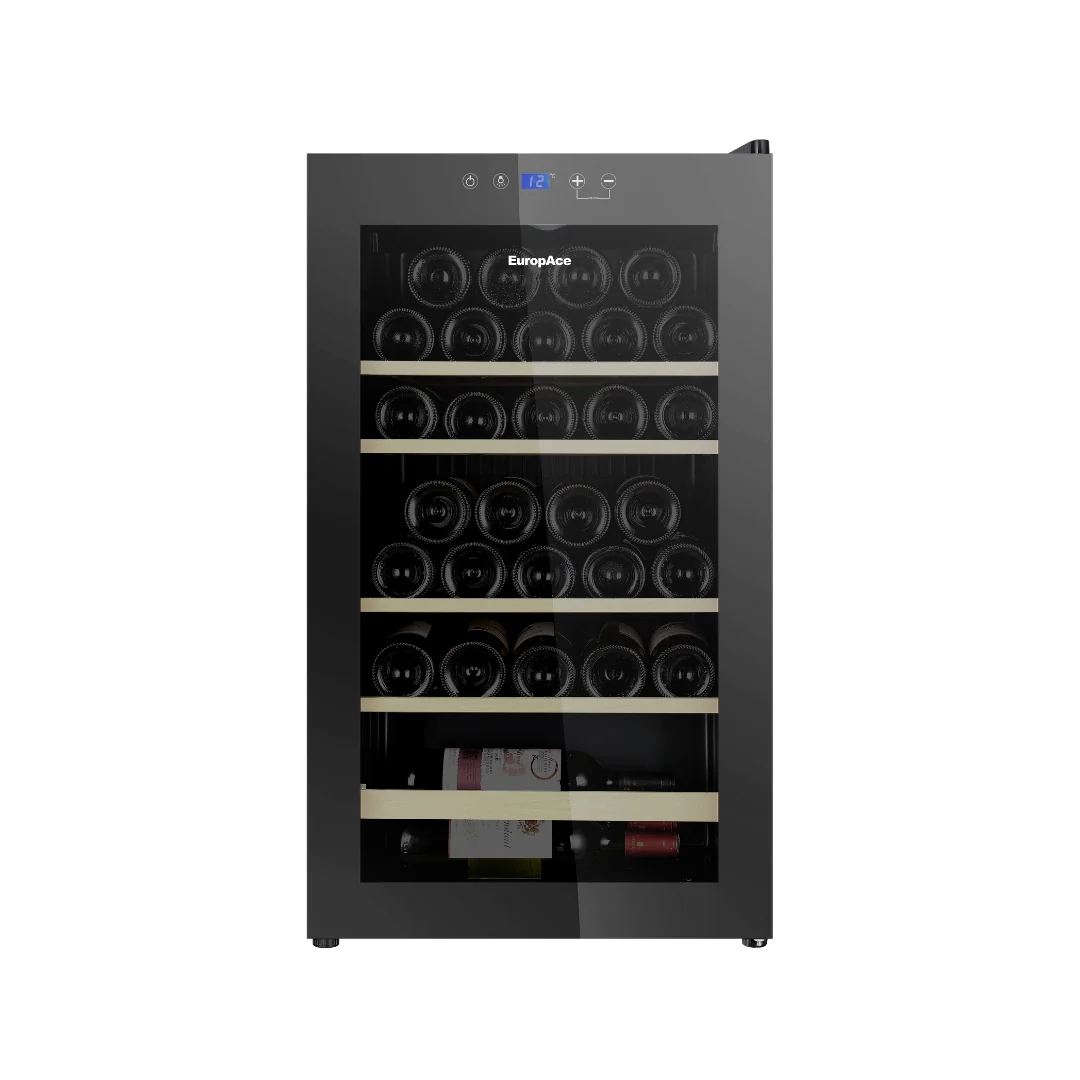 EuropAce EWC3481DGY [48 Bottles] Wine Chiller | 3 Layered Anti-UV Glass, Beechwood Shelves