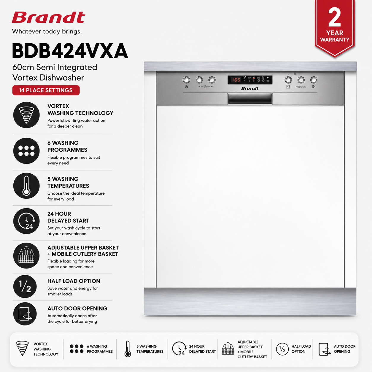 Brandt BDB424VXA 60cm Semi‑Integrated Dishwasher
